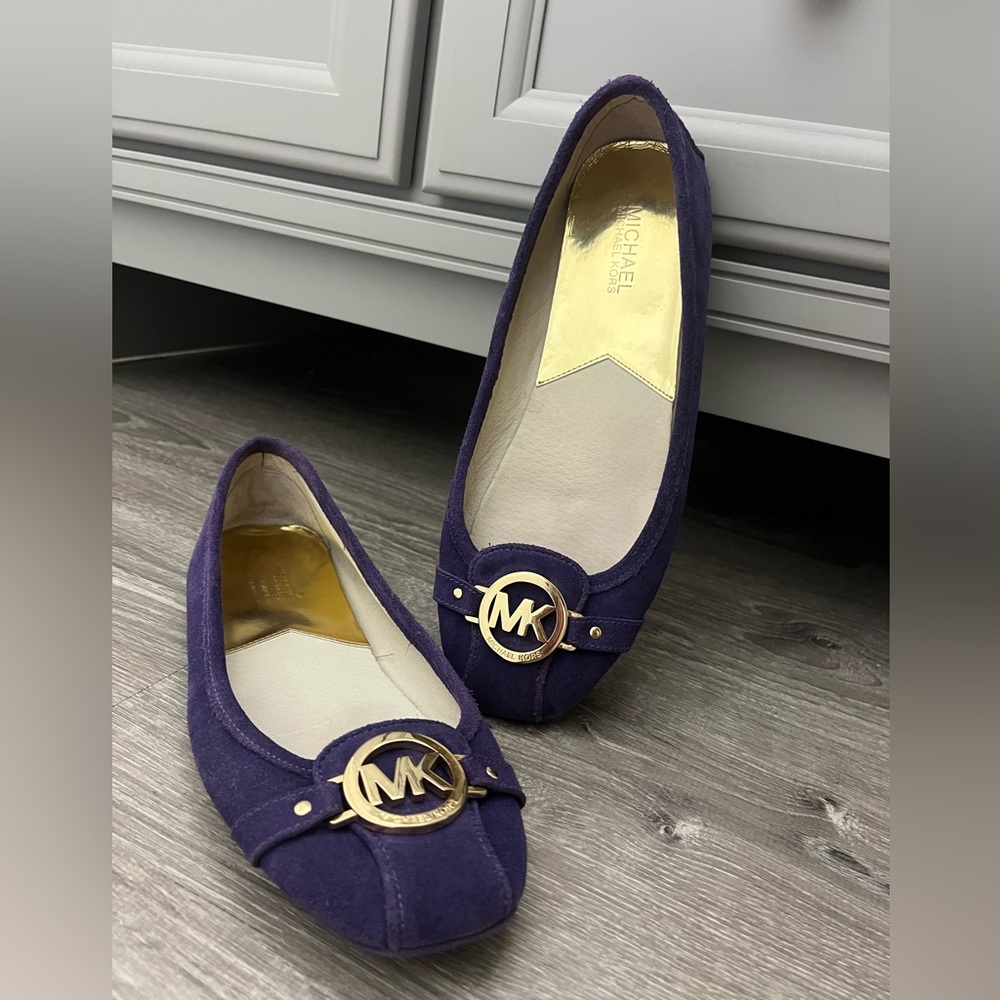 Michael Kors Fulton Moc Driving Ballet Flat Iris Purple/Gold Suede Leather Shoe
